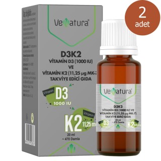 Venatura D3K2 Vitamin D3 ve K2(11,25 mcg MK-7) Damla 20 ml 2 Adet
