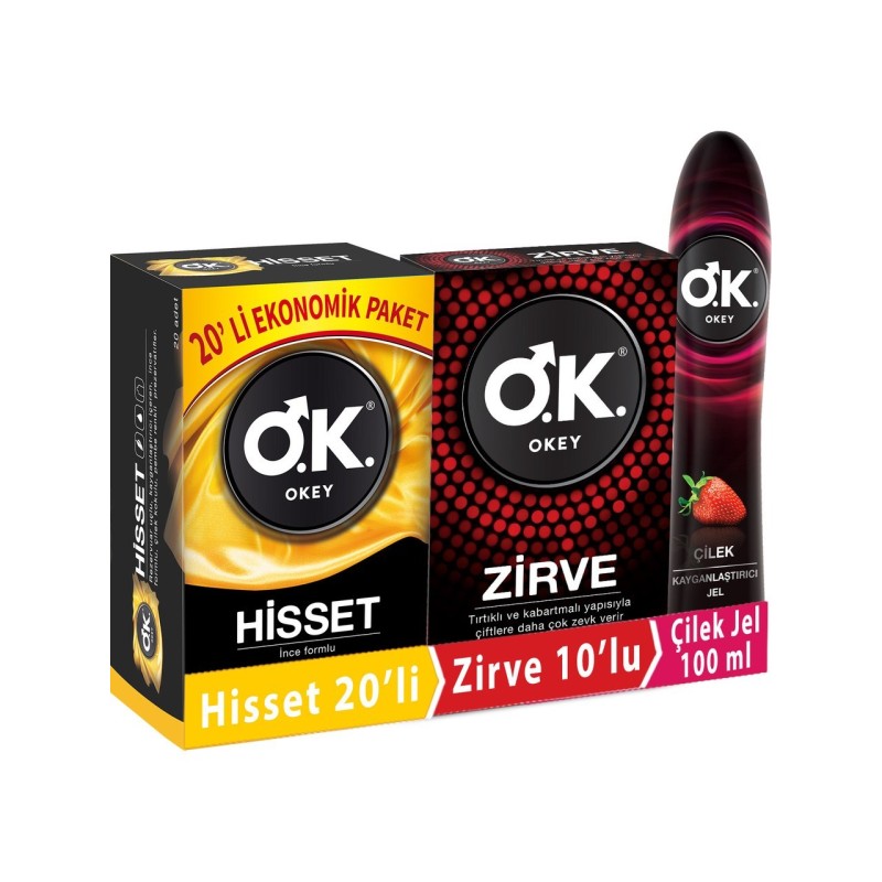 Okey Prezervatif Hisset 20'li + Prezervatif Zirve 10'lu + Çilek Kayganlaştırıcı Jel 100 ml
