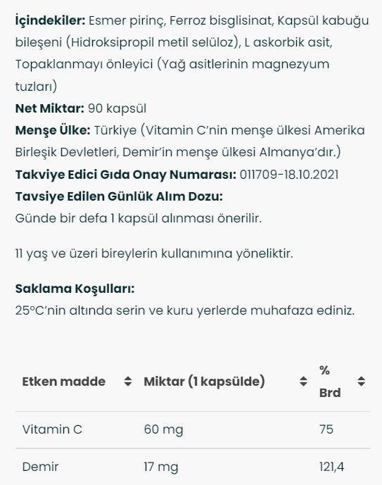 Venatura Demir Bisgilisinat Vitamin C 90 Kapsül