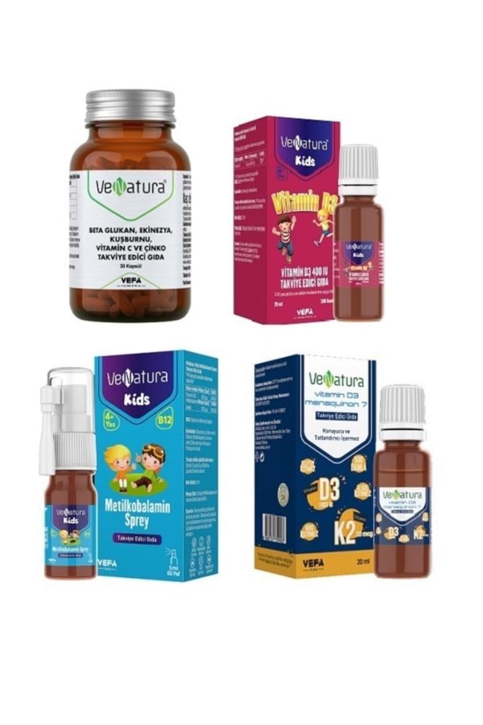 Venatura Çocuk Yetişkin 4'lü Set Beta Glukan 30 Kapsül+ Vitamin D3 K2+ B12 Metilkobalamin+ Vitamin D