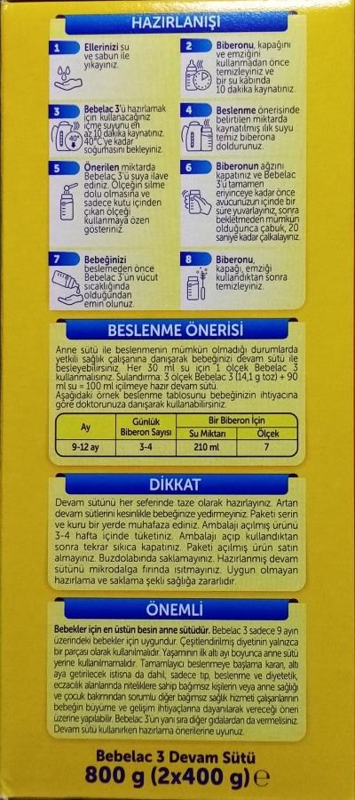 Bebelac 3 Devam Sütü 800 gr