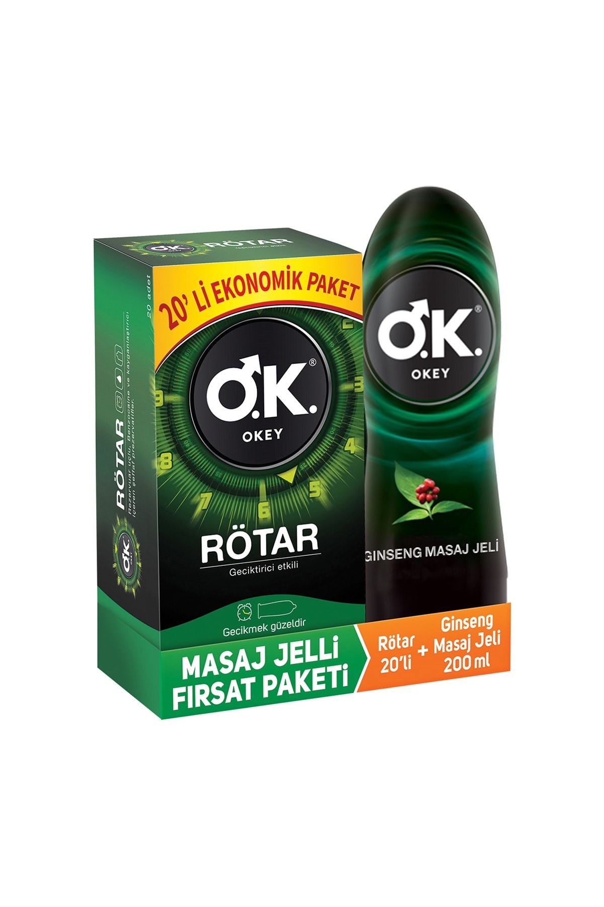 Rötar Geciktiricili 20 li Prezervatif + Okey Ginseng Masaj Jeli Su Bazlı 200 ml