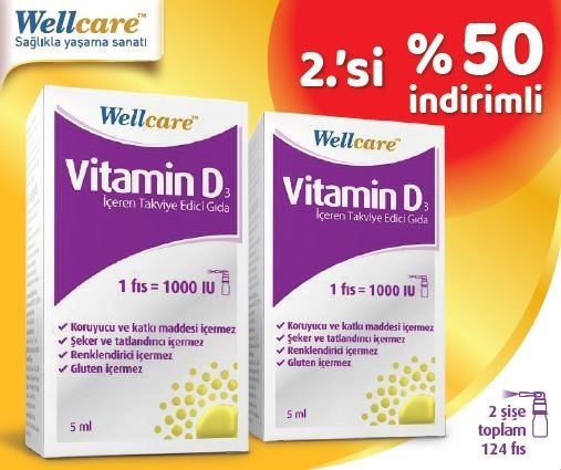 Wellcare Vitamin D3 1000 IU 2 X 5ml Sprey 2.si %50 İndirimli