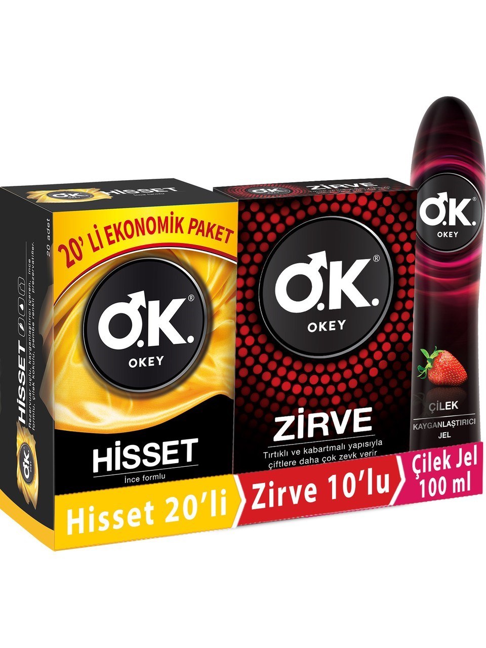 Okey Prezervatif Hisset 20'li + Prezervatif Zirve 10'lu + Çilek Kayganlaştırıcı Jel 100 ml